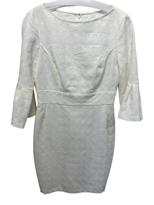 Lela Rose Size 8 Off White Cotton Blend Wide Neck Textured 3/4 Sleeve Dress Off White / 8