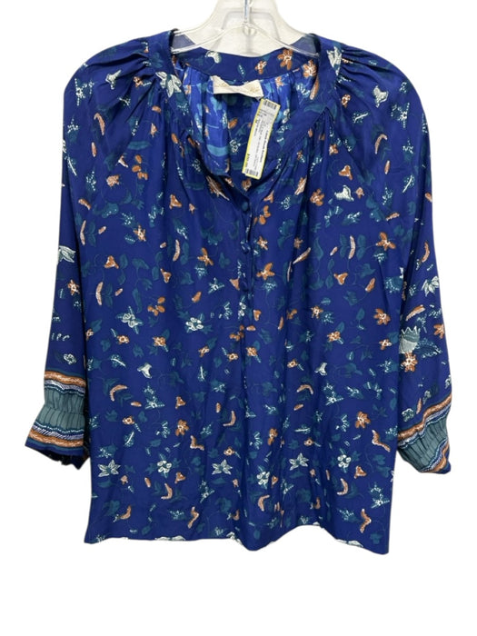 Natalie Martin Size M Blue & Multi Silk 1/2 Button 3/4 Sleeve Top Blue & Multi / M