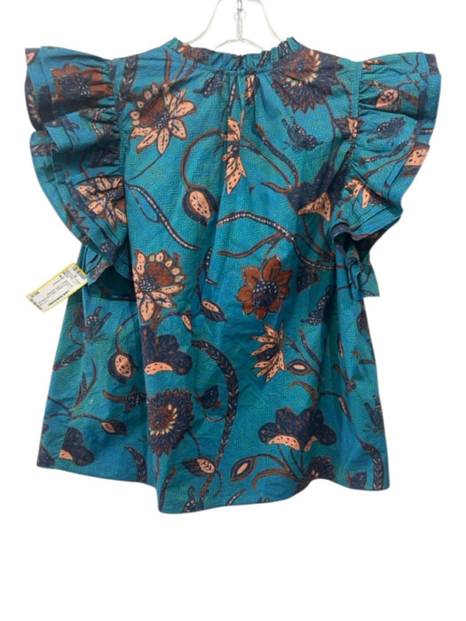 Ulla Johnson Size 8 Teal & Orange Cotton Floral Ruffle Cap Sleeve V Neck Top Teal & Orange / 8