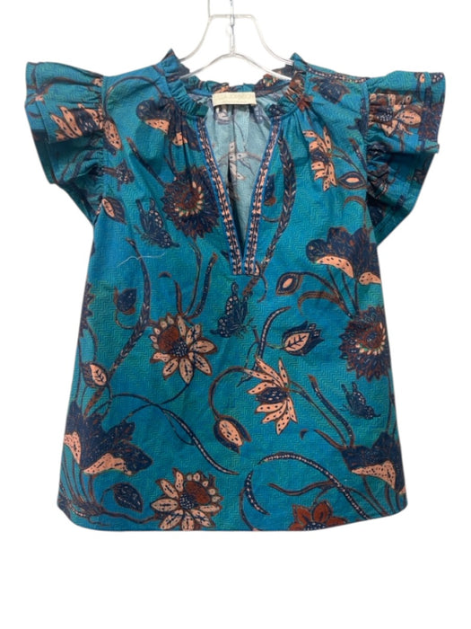 Ulla Johnson Size 8 Teal & Orange Cotton Floral Ruffle Cap Sleeve V Neck Top Teal & Orange / 8