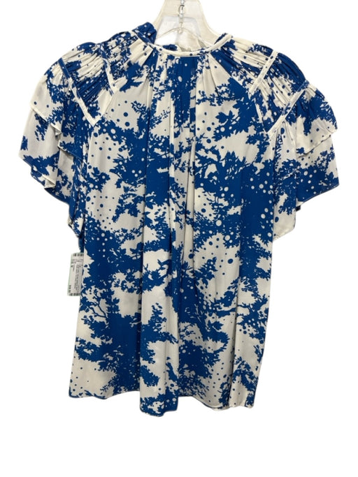 Caballero Size M White & Blue Viscose Botanical Short Ruffle Sleeve Top White & Blue / M