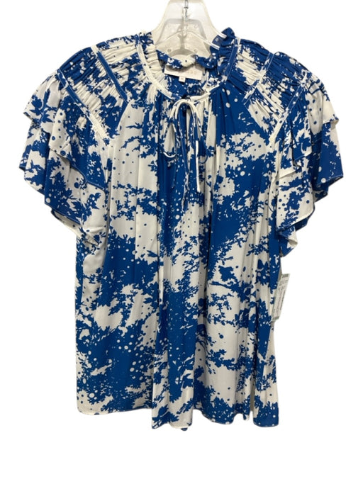 Caballero Size M White & Blue Viscose Botanical Short Ruffle Sleeve Top White & Blue / M