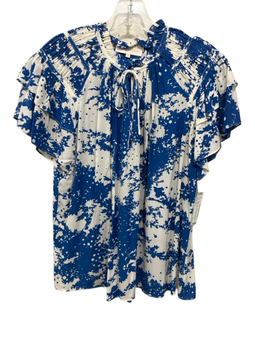 Caballero Size M White & Blue Viscose Botanical Short Ruffle Sleeve Top White & Blue / M