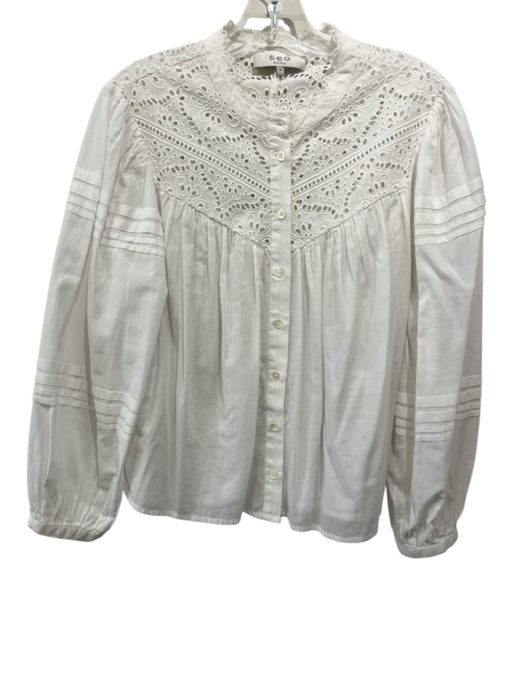 Sea New York Size M White Cotton Floral Eyelet Long Balloon Sleeve Button Up Top White / M