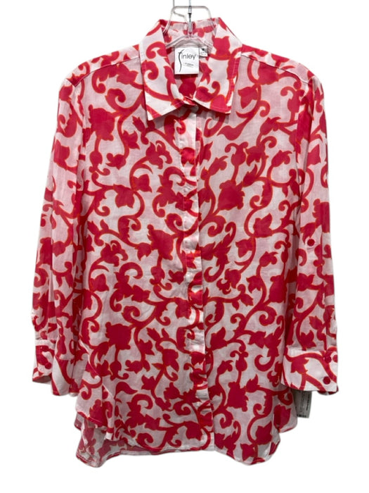 Finley Size M White, Pink & Orange Cotton Abstract Botanical Print Button Up Top White, Pink & Orange / M