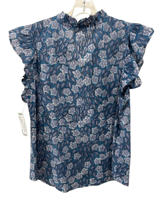 Perry Walker Size 3 Mixed Blues Cotton Floral Ruffle Cap Sleeve V Neck Top Mixed Blues / 3