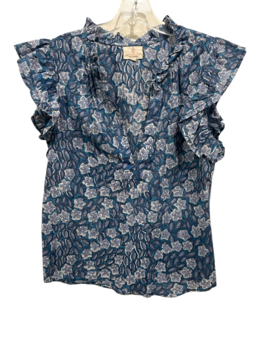 Perry Walker Size 3 Mixed Blues Cotton Floral Ruffle Cap Sleeve V Neck Top Mixed Blues / 3