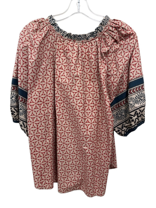 XiRENA Size S Beige, Red & Navy Blue Cotton Geometric Floral Print V Neck Top Beige, Red & Navy Blue / S
