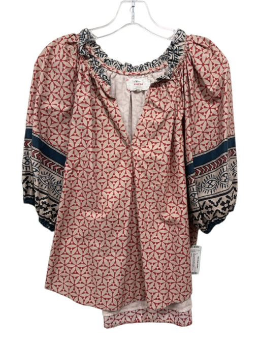 XiRENA Size S Beige, Red & Navy Blue Cotton Geometric Floral Print V Neck Top Beige, Red & Navy Blue / S