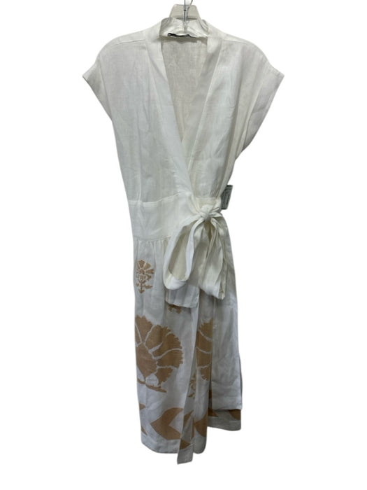 Greek Archaic Kori Size L White & Gold Linen Cross Stitch Embroidery Wrap Dress White & Gold / L