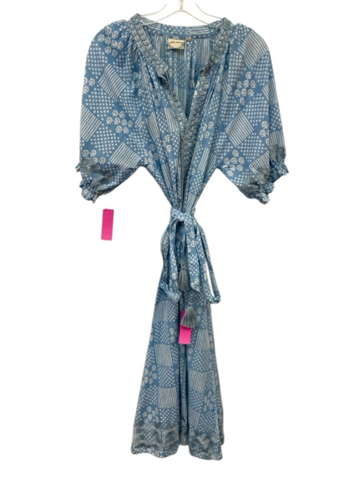 Julia Amory Size L Light blue & white Cotton Short Balloon Sleeve V Neck Dress Light blue & white / L