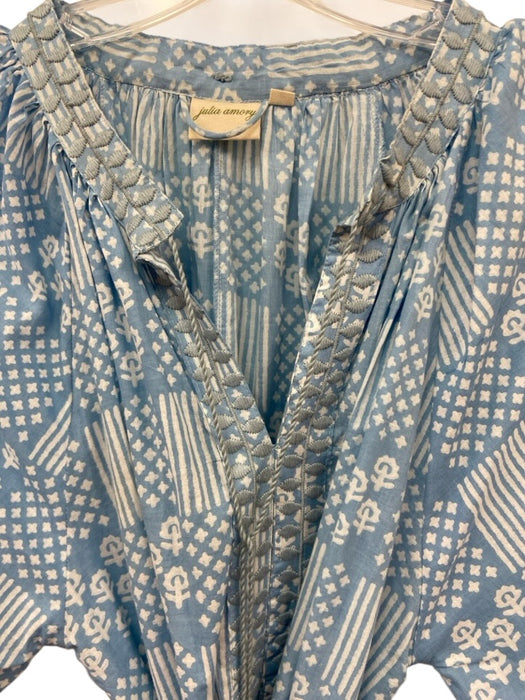 Julia Amory Size L Light blue & white Cotton Short Balloon Sleeve V Neck Dress Light blue & white / L