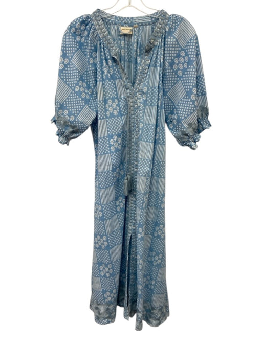 Julia Amory Size L Light blue & white Cotton Short Balloon Sleeve V Neck Dress Light blue & white / L