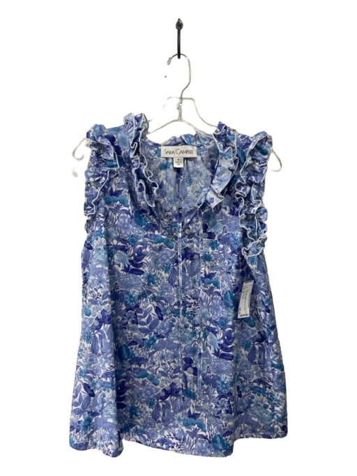 Sara Campbell Size M Blue Cotton Ruffle Neck Sleeveless Floral Top Blue / M