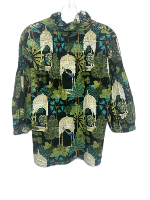 Fitzroy & Willa Size Medium Black, Green, Teal Cotton Long Sleeve Peacock Top Black, Green, Teal / Medium