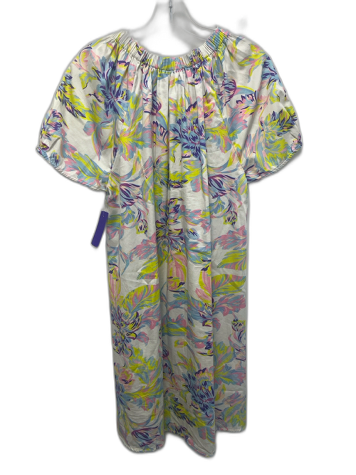 Abbey Glass Size Medium Purple, Green, Pink Cotton Blend Cap Sleeve Floral Dress Purple, Green, Pink / Medium