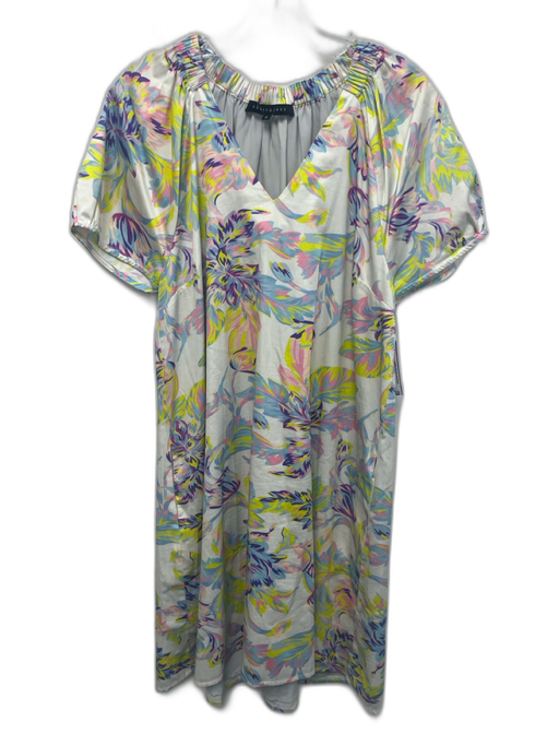 Abbey Glass Size Medium Purple, Green, Pink Cotton Blend Cap Sleeve Floral Dress Purple, Green, Pink / Medium