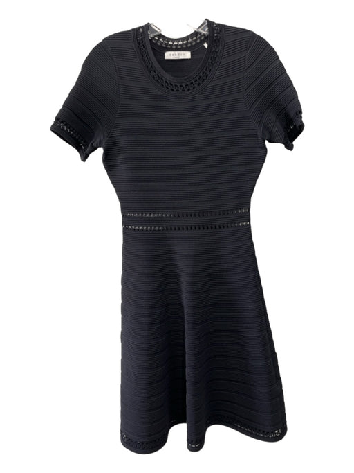Sandro Size 3/M Black Viscose Blend Short Sleeve Ribbed Open Knit Dress Black / 3/M
