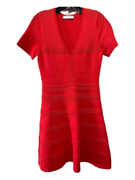 Sandro Size 3/M Red Orange Viscose Blend Short Sleeve Ribbed Open Knit Dress Red Orange / 3/M