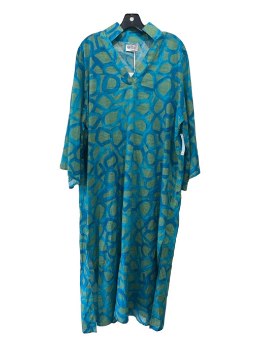 Holly Shae Design Size S/M Blue & Green Cotton 3/4 Sleeve Geometric Maxi Dress Blue & Green / S/M