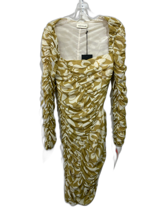 Nicholas Size 12 Yellow & Cream Polyester Blend Long Sleeve Abstract Print Dress Yellow & Cream / 12
