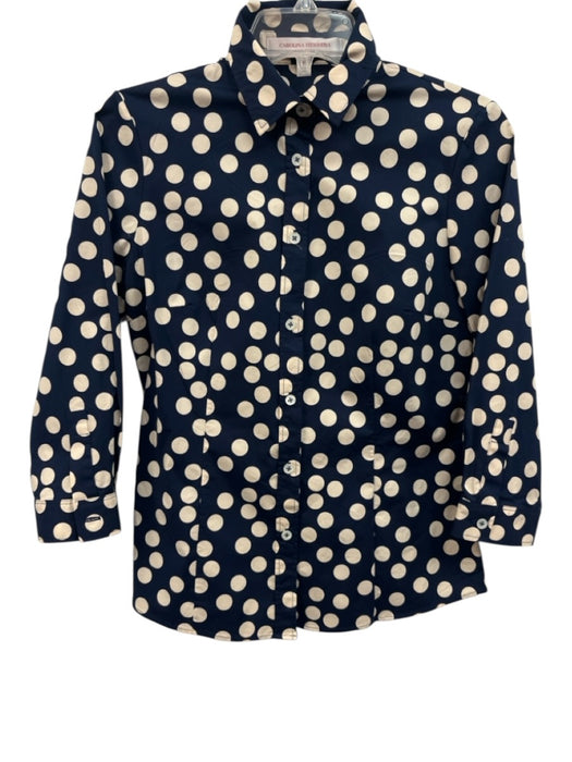 Carolina Herrera Size 4 Navy Blue & White Cotton Blend 3/4 Sleeve Polka Dot Top Navy Blue & White / 4