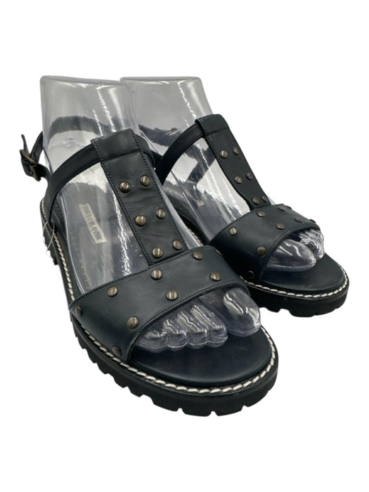 Manolo Blahnik Shoe Size 36.5 Navy Blue Leather Bronze Hardware T Strap Sandals Navy Blue / 36.5