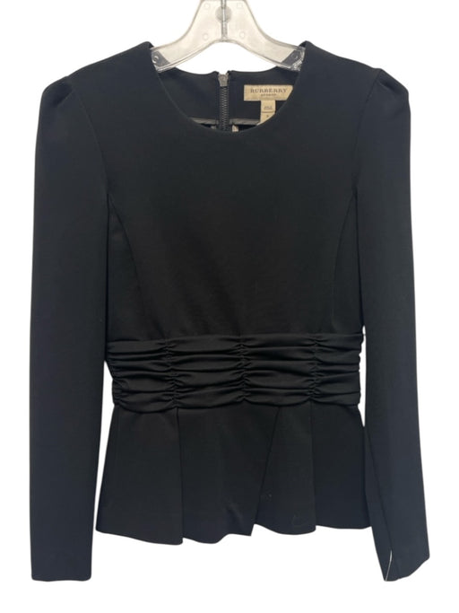 Burberry Size Small Black Acetate Blend Long Sleeve Pleated Peplum Back Zip Top Black / Small