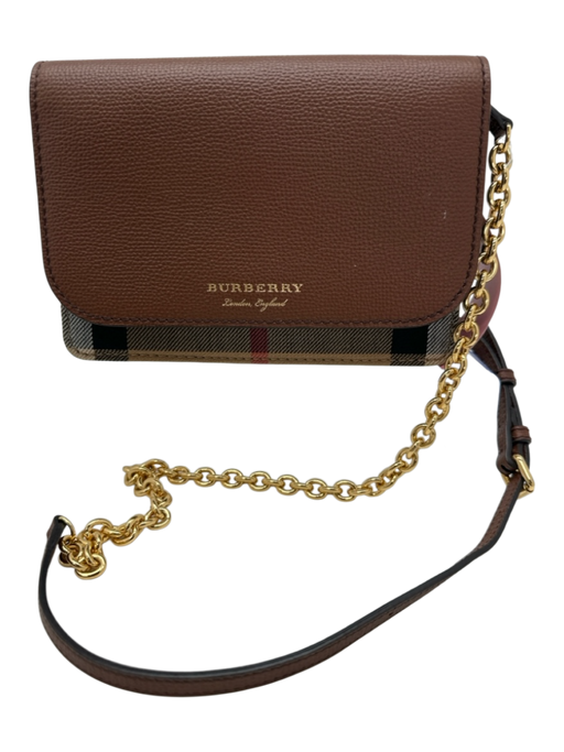 Burberry Brown, Beige, Red Pebble Leather Magnetic  Flap Novacheck Crossbody Bag Brown, Beige, Red / XS/S