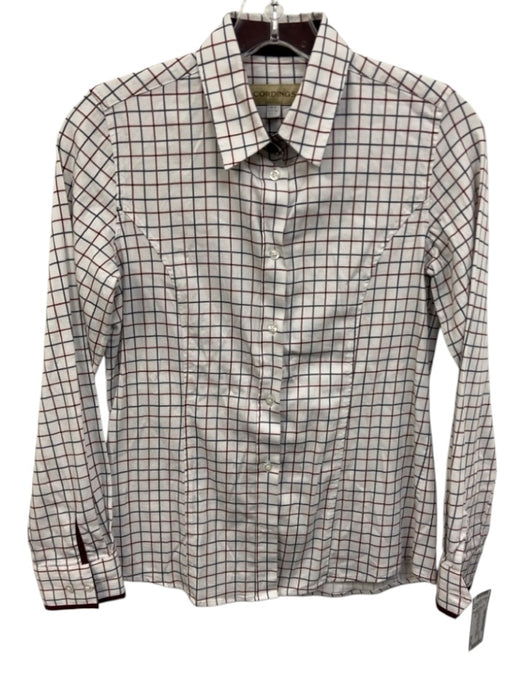 Cordings Size 4 White, Navy, Burgundy Cotton Blend Long Sleeve Windowpane Top White, Navy, Burgundy / 4