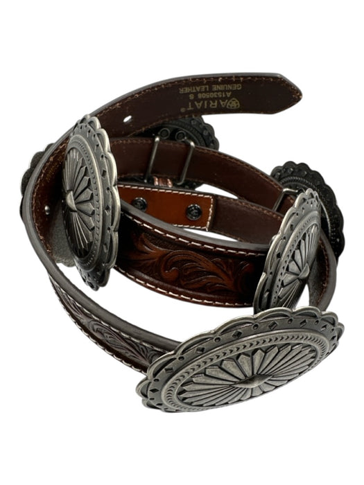 Ariat Brown & Silver Leather Carved Oversize Buckle contrast stitch Belts Brown & Silver / Small