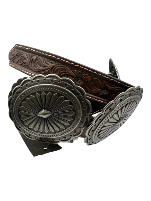 Ariat Brown & Silver Leather Carved Oversize Buckle contrast stitch Belts Brown & Silver / Small