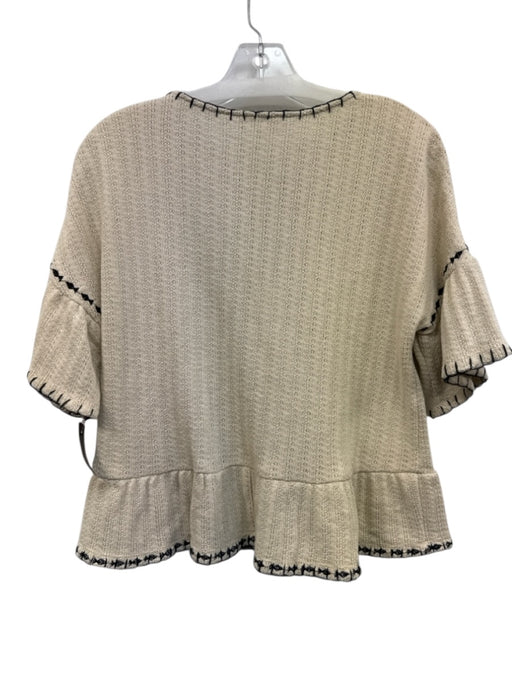 THML Size S Cream Beige & Black Cotton Blend Knit Whipstitch Tassel V Neck Top Cream Beige & Black / S