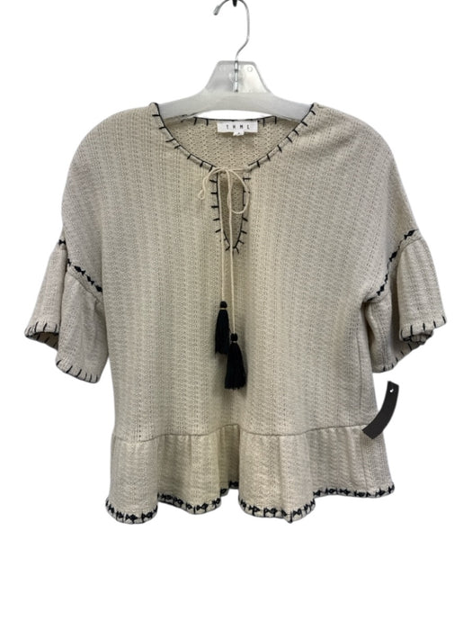 THML Size S Cream Beige & Black Cotton Blend Knit Whipstitch Tassel V Neck Top Cream Beige & Black / S