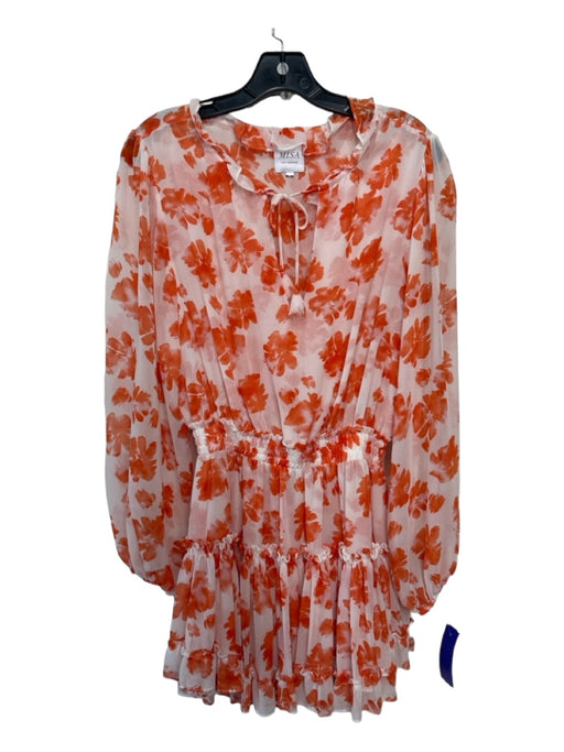 Misa Size S White & Orange Polyester Floral Ruffle Neckline Long Sleeve Dress White & Orange / S