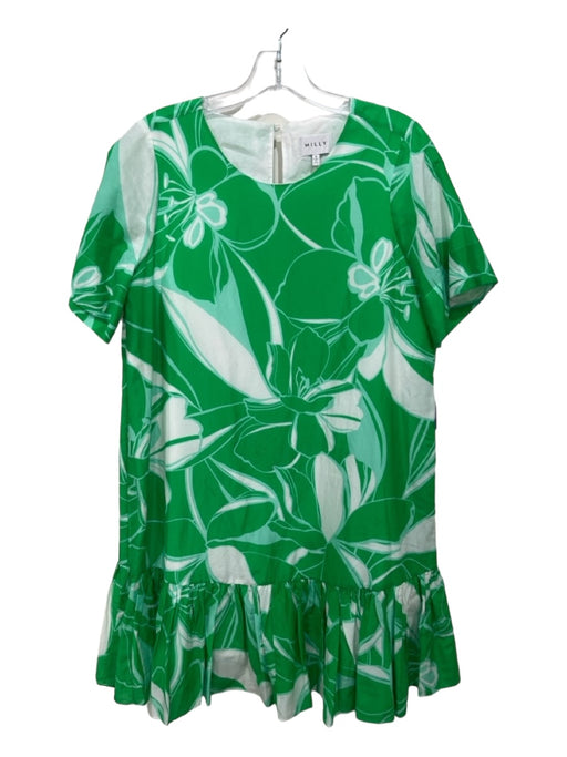 Milly Size 6 Green & White Silk Blend Floral Round Neck Short Sleeve Shift Dress Green & White / 6