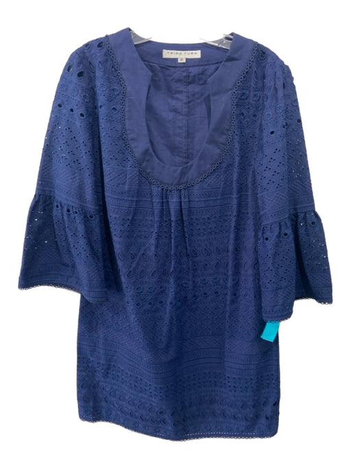 Trina Turk Size 8 Navy Cotton U Neck Eyelet Bell Sleeves Shift Dress Navy / 8