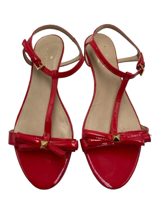 Kate Spade Shoe Size 7 Red Patent open toe T Strap Bow Ankle Buckle Wedges Red / 7