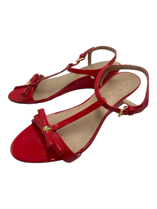 Kate Spade Shoe Size 7 Red Patent open toe T Strap Bow Ankle Buckle Wedges Red / 7