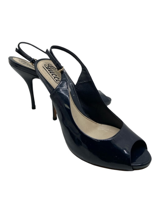 Gucci Shoe Size 38.5 Navy Patent Leather Peep Toe Slingback Skinny Pumps Navy / 38.5