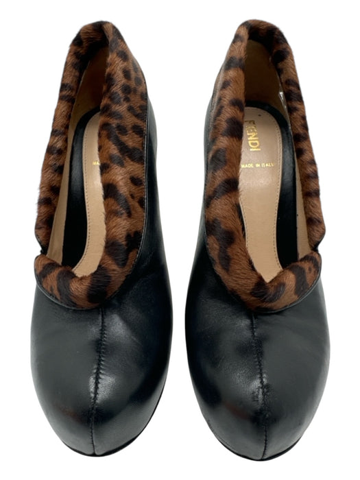 Fendi Shoe Size 37.5 Black & Brown Leather & Cow Fur Animal Print Pumps Black & Brown / 37.5