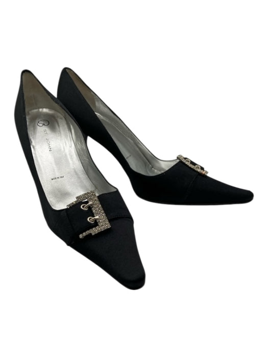 St John Shoe Size 10 Black Satin Rhinestone Detail Pointed Toe Pumps Black / 10