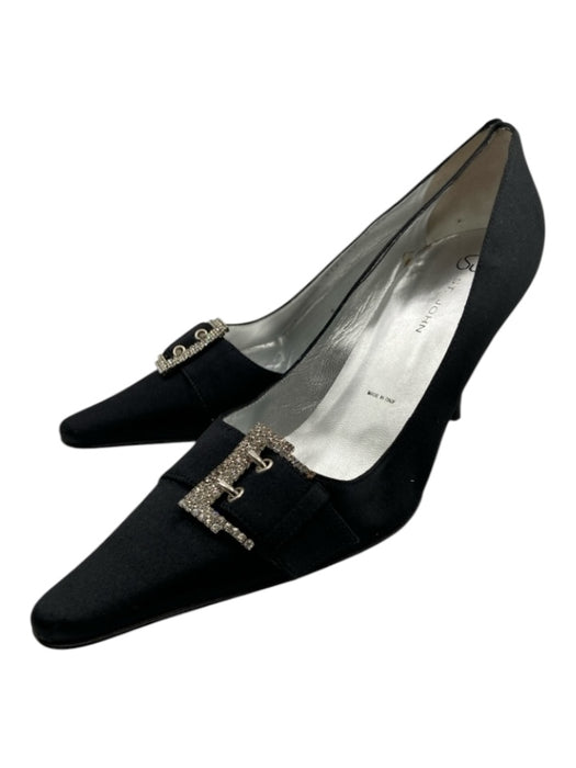 St John Shoe Size 10 Black Satin Rhinestone Detail Pointed Toe Pumps Black / 10