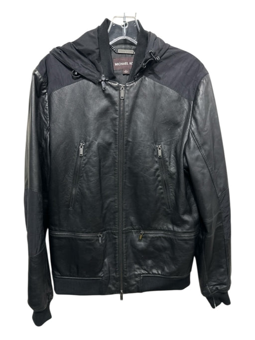 Michael Kors Size M Black Leather Fabric Block Hooded Zip Up Jacket Black / M
