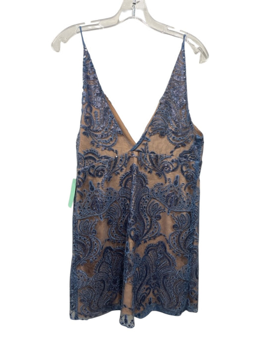 Free People Size 12 Light Blue & Beige Polyester Blend Spaghetti Strap Dress Light Blue & Beige / 12