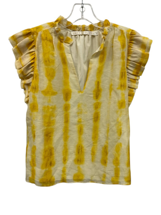 Marie Oliver Size XS Yellow & White Linen & Silk Ruffle Cap Sleeve Top Yellow & White / XS