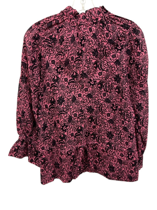 Derek Lam 10 Crosby Size 6 Pink & Navy Cotton Long Sleeve Floral Tie Neck Top Pink & Navy / 6