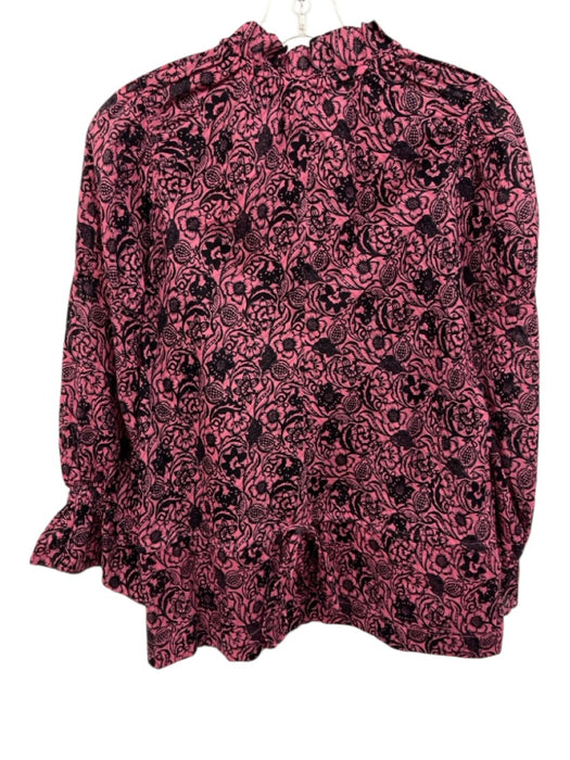 Derek Lam 10 Crosby Size 6 Pink & Navy Cotton Long Sleeve Floral Tie Neck Top Pink & Navy / 6