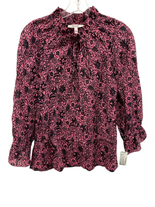 Derek Lam 10 Crosby Size 6 Pink & Navy Cotton Long Sleeve Floral Tie Neck Top Pink & Navy / 6