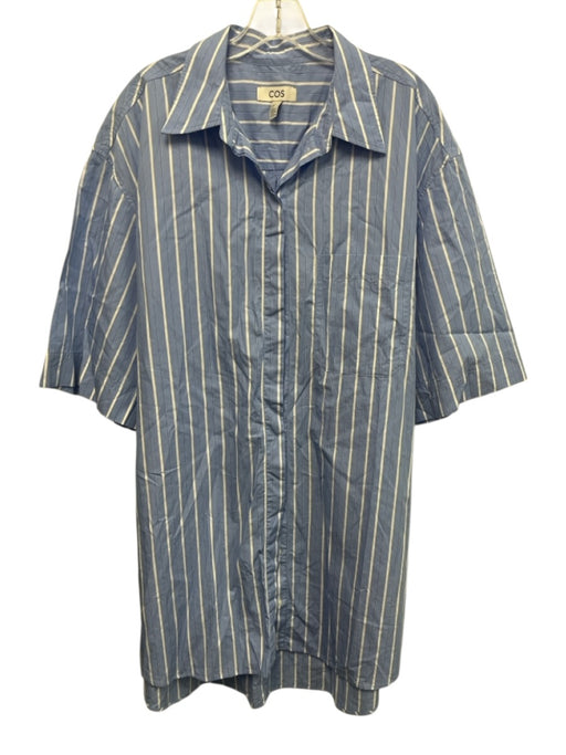 COS Size 14 Blue & White Cotton Collar Neck Striped Button Up 3/4 Sleeve Dress Blue & White / 14